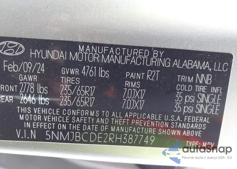 2024 Hyundai Tucson Sel from USA, damaged, VIN 5NMJBCDE2RH387749